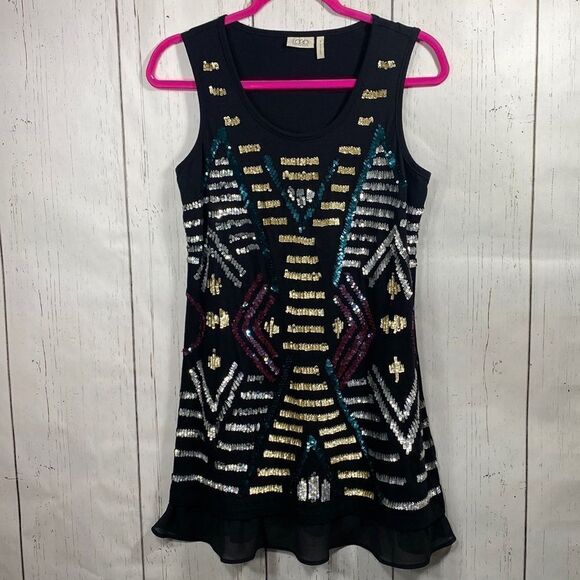 Logo By Lori Goldstein Sleeveless Sequins Black Multi Festive Tunic Top - Picture 5 of 12